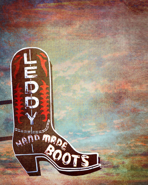 Fort Worth Art Prints — Leddy Boot with a Big Colorful Stockyards Sky Wall Decor and Gifts Betsy Crum Art Crum Art