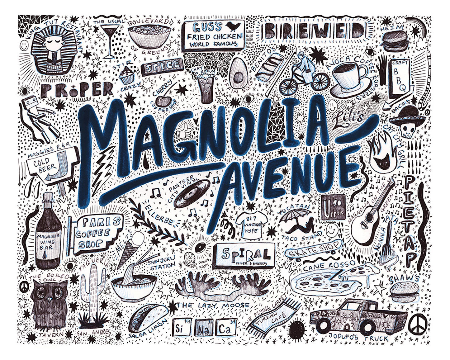 Fort Worth Art Prints — Magnolia Magnolia Pen Ink Icons | Crum Art