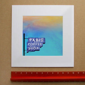 Fort Worth Art Prints — Paris Coffee Shop Fort Worth Big Sky Wall Decor and Prints | Betsy Crum Art in matted square frame mockup