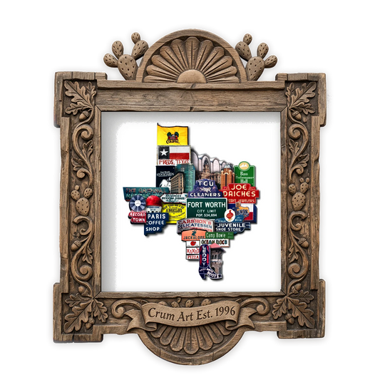 Texas Shaped Landmarks — Fort Worth art print by Betsy Crum in a square carved wood frame