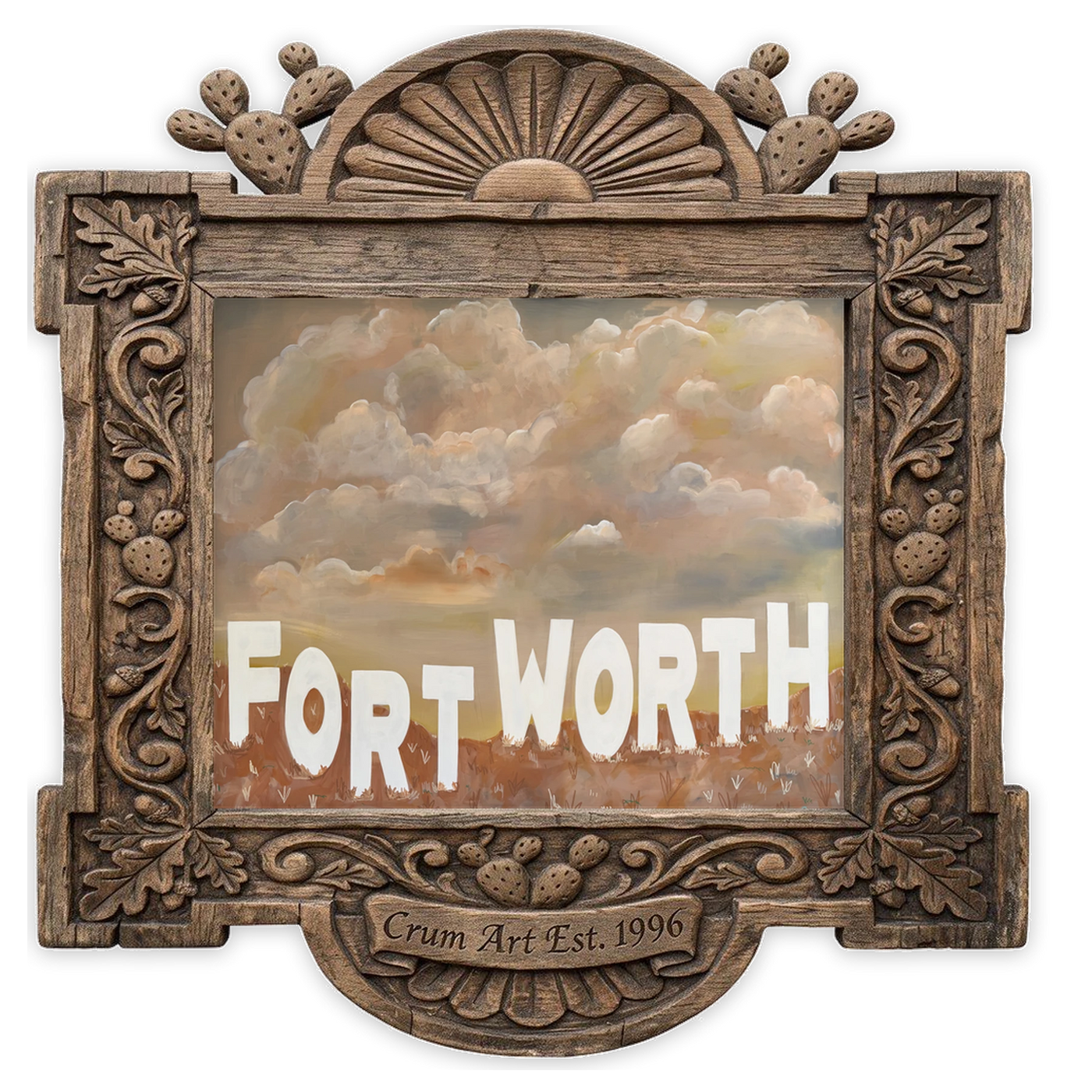 Fort Worth Sign — western art print by Betsy Crum in a horizontal carved wood frame