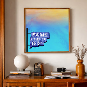 Fort Worth Wall Decor Paris Coffee Shop Sign Print by Betsy Crum, inspired by an iconic Magnolia Avenue diner sign, old Fort Worth character, and the memories tied to a beloved local landmark, available at crumart.com. This museum quality print is made right here in Texas.