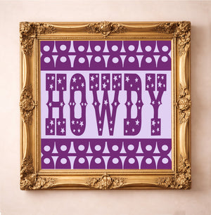 Fort Worth Howdy Print in Purple by Crum Art, a matted archival art print inspired by western typography, Texas charm, and a little Cowtown personality. This museum quality print is made right here in Texas.