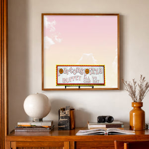 Fort Worth Nostalgia Art Print by Betsy Crum, inspired by the Partons Pizza sign, warm Texas sky color, and the kind of local memory that makes Fort Worth landmark art feel personal and lasting, available at crumart.com. This museum quality print is made right here in Texas.
