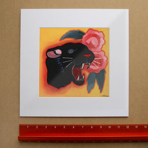 Fort Worth Panther City Peony Art Print by Caya Crum, inspired by the sleepy panther legend that gave Fort Worth its Panther City nickname, bold black panther imagery, and pink peonies that soften the edge with unexpected elegance, available at crumart.com. This museum quality print is made right here in Texas.