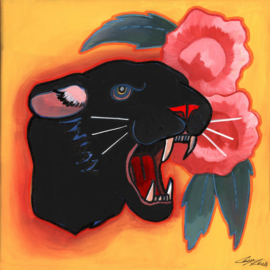 Panther City Wall Art Black Panther Peony Print by Caya Crum, inspired by Fort Worth’s famous sleepy panther lore, strong local identity, and the striking contrast of fierce panther imagery with soft pink peonies, available at crumart.com. This museum quality print is made right here in Texas.