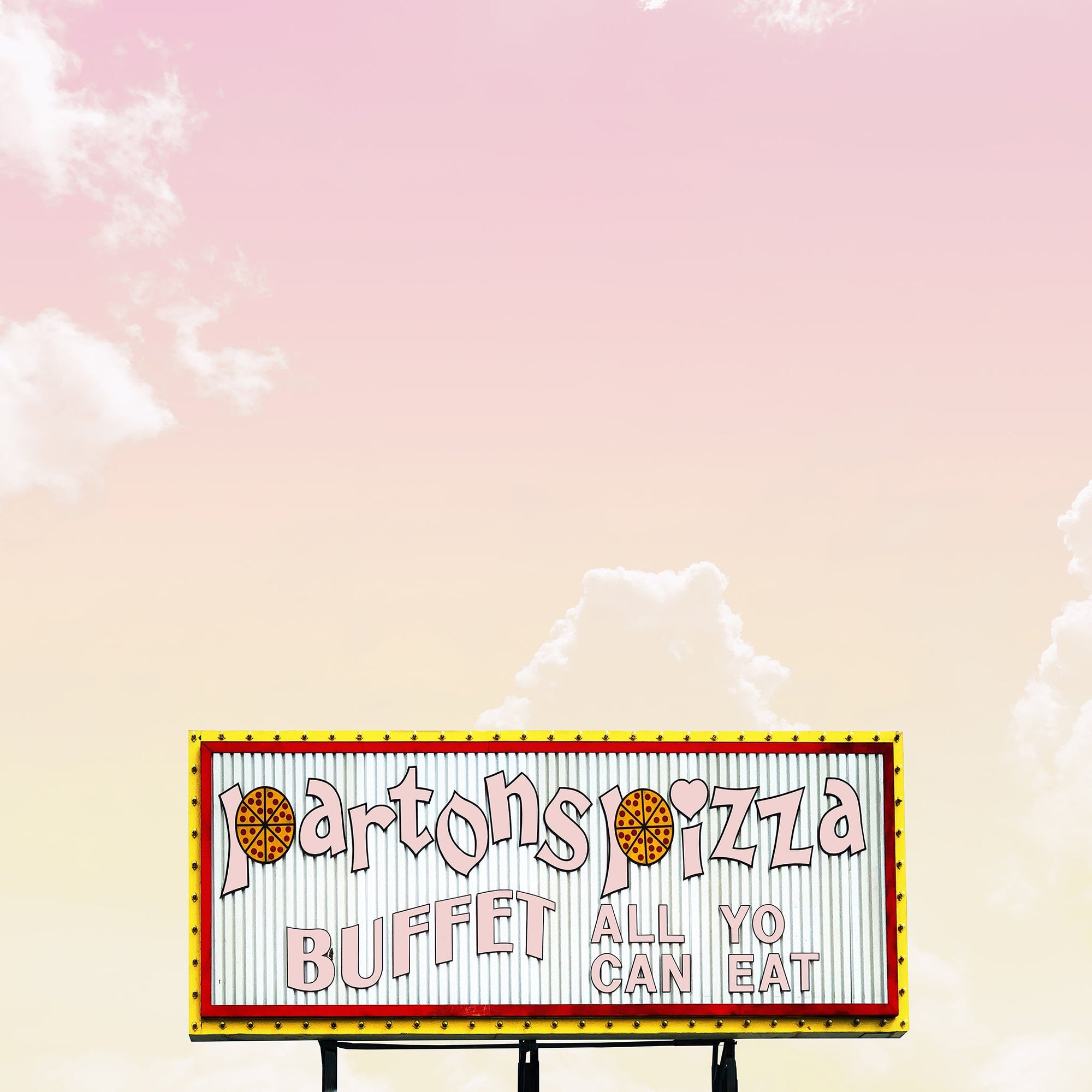 Fort Worth Partons Pizza Art Print by Betsy Crum, inspired by the old Partons Pizza sign, a soft pink Texas sky, and the kind of neighborhood nostalgia that gives Fort Worth wall art real warmth, available at crumart.com. This museum quality print is made right here in Texas.