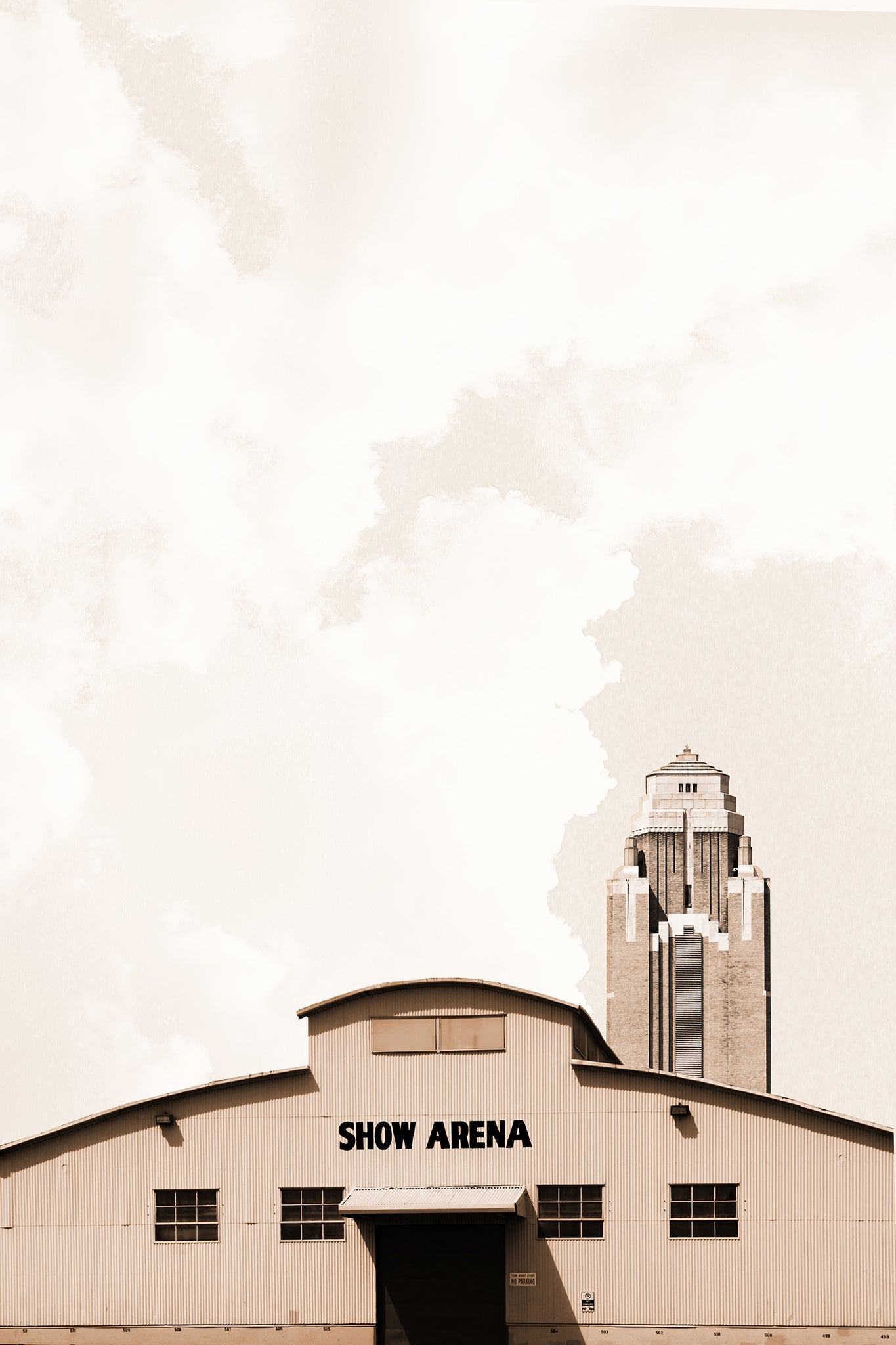 Fort Worth Show Arena and Will Rogers Tower Art Print by Betsy Crum, inspired by the Will Rogers grounds, Fort Worth Stock Show and Rodeo memories, and a dramatic Texas sky over the Show Arena Barn and Pioneer Tower, available at crumart.com. This museum quality print is made right here in Texas.
