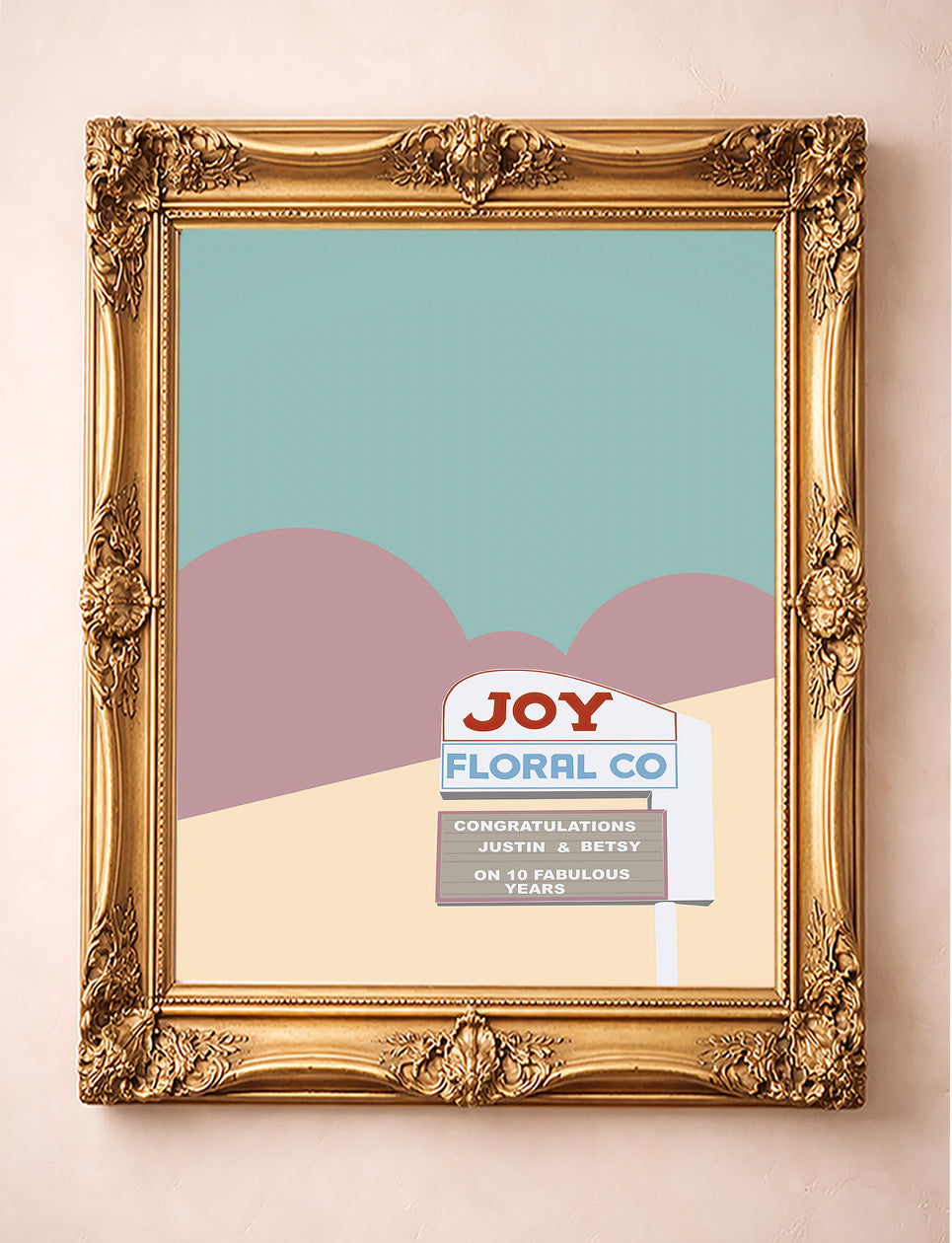 Fort Worth wall art Joy Floral neon sign print by Betsy Crum in a gold frame room scene