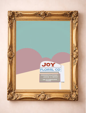 Fort Worth wall art Joy Floral neon sign print by Betsy Crum in a gold frame room scene