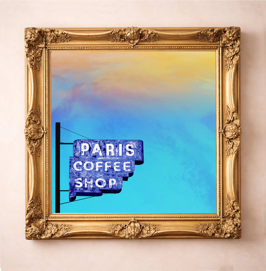 Fort Worth Wall Decor Paris Coffee Shop Sign Print by Betsy Crum, inspired by an iconic Magnolia Avenue diner sign, old Fort Worth character, and the memories tied to a beloved local landmark, available at crumart.com. This museum quality print is made right here in Texas.