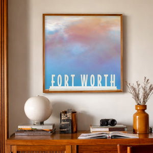 Fort Worth Wall Decor Water Gardens Print by Betsy Crum, inspired by the Fort Worth Water Gardens, a glowing pastel sky, and the kind of clean modern composition that gives city art a softer, more collected feel, available at crumart.com. This museum quality print is made right here in Texas.