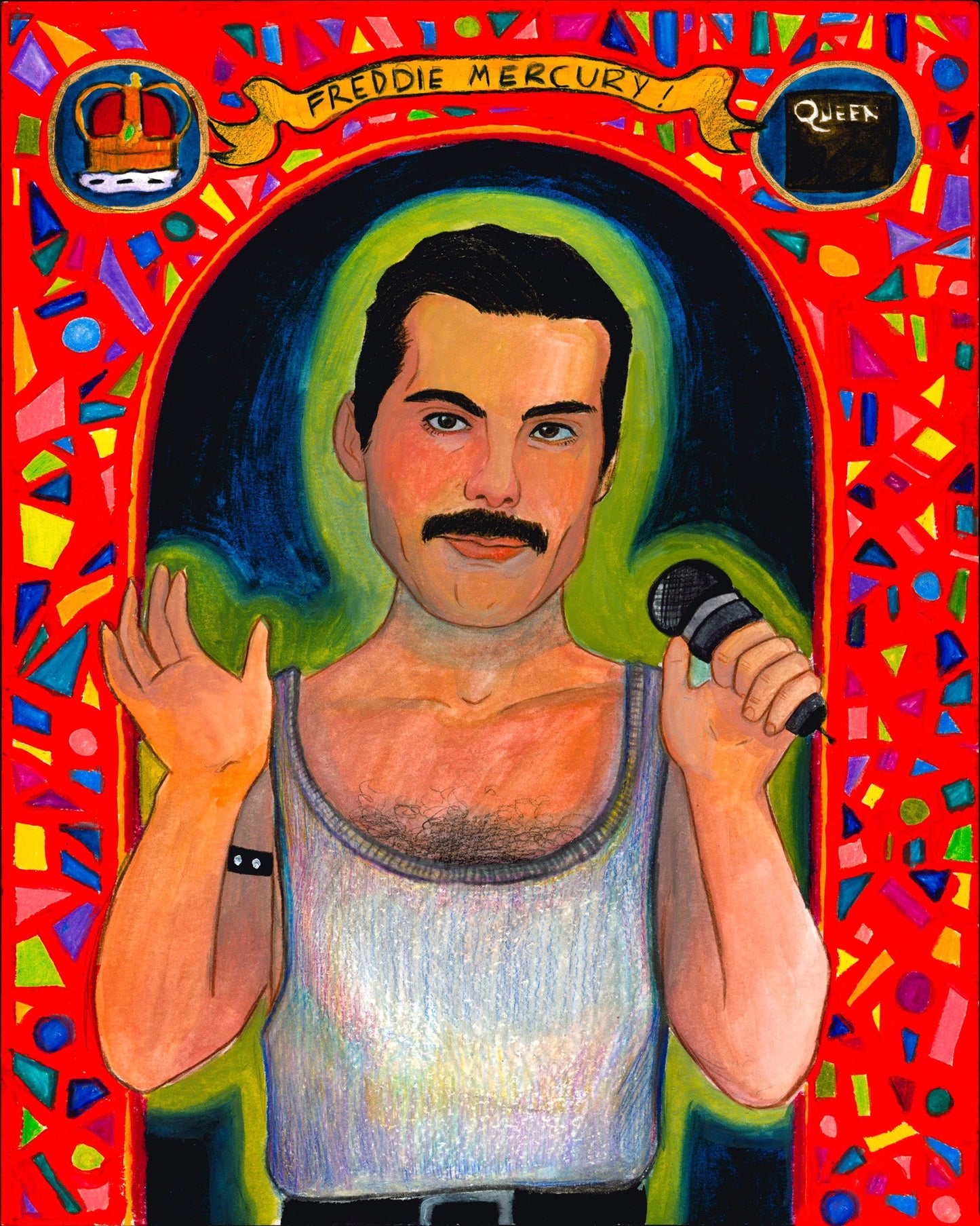 Freddie Mercury depicted as a saint in expressive fan art painting by Caya Crum