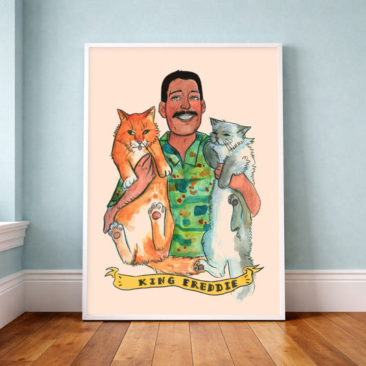 Freddie Mercury and his cats watercolor art print by Caya Crum, vertical gallery wall print