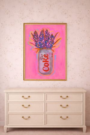 Fridge Cig Art Print by Caya Crum.  This Diet Coke can fine art print is full of bluebonnets and ready to gift.  Shown here in a 24x36" frame above a sideboard or dresser.  All art is signed by the artist. 