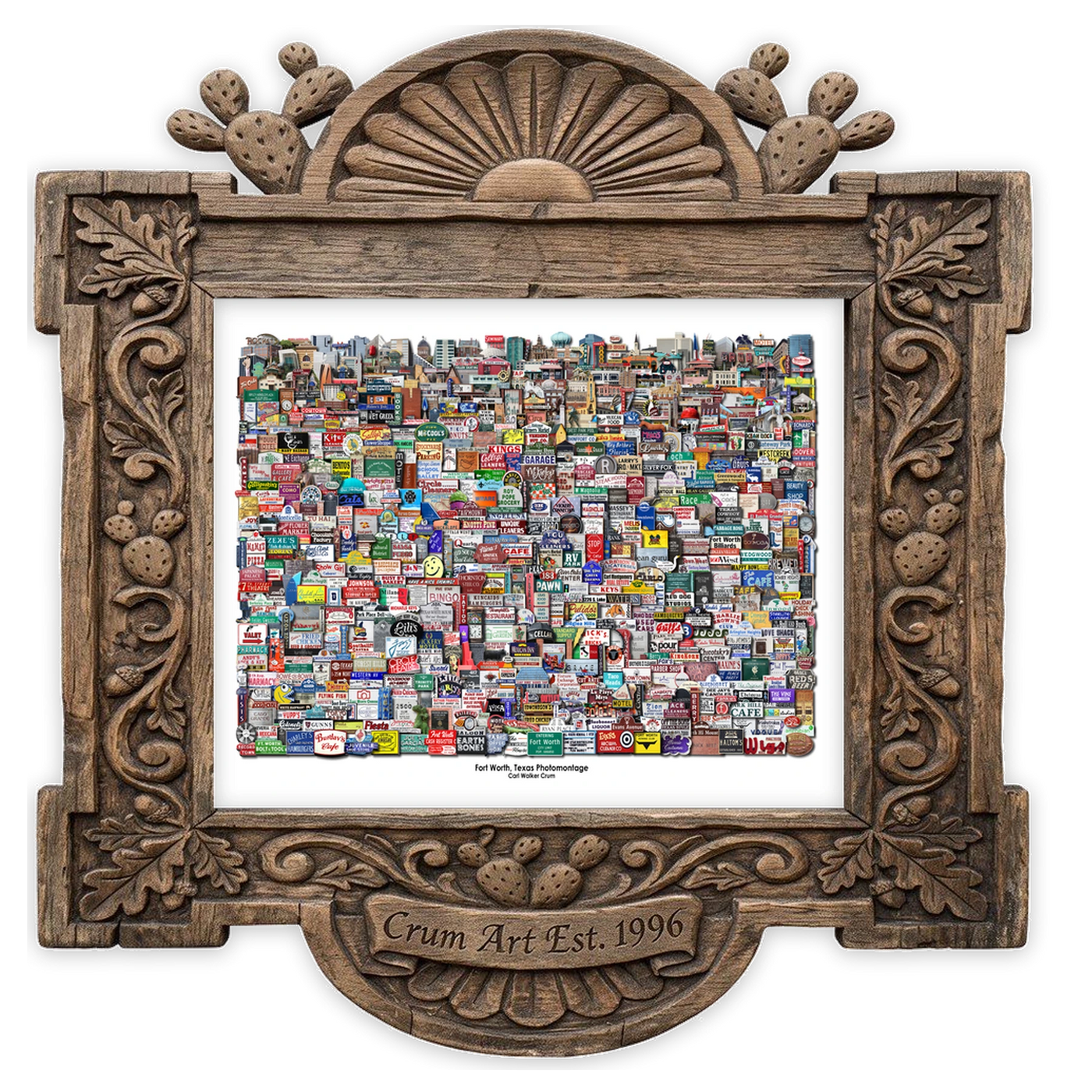 Signs & Landmarks New — Fort Worth art print by Carl Crum in a horizontal carved wood frame