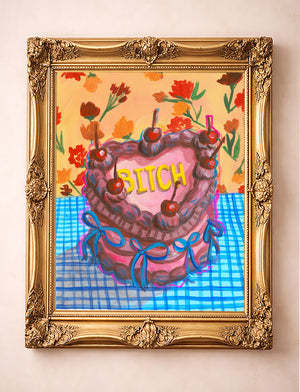Pink cake art print with a sassy message, framed in gold — funny pink wall art by Caya Crum