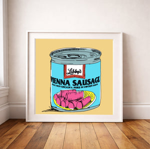Funny Texas Food Art Print by Betsy Crum, inspired by Vienna sausage can graphics, Southern pantry humor, and the kind of oddball kitchen art that makes people laugh because they know exactly what it means, available at crumart.com. This museum quality print is made right here in Texas.