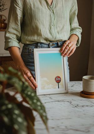 Old School Icons Fort Worth art print by Betsy Crum — neutral frame room mockup