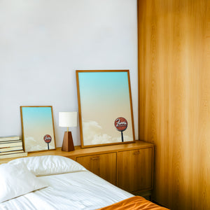 Old School Icons Fort Worth art print by Betsy Crum — framed in a wood-accent room