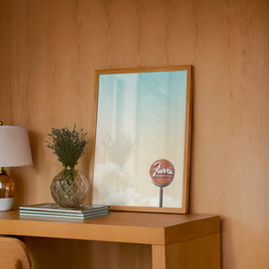 Old School Icons Fort Worth art print by Betsy Crum — framed in a wood-accent room
