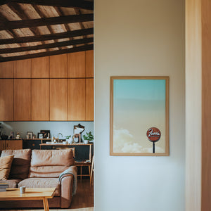 Old School Icons Fort Worth art print by Betsy Crum — framed in a wood-accent room
