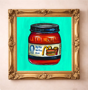 Gerber Big Mac Art Print by Caya Crum, inspired by fast food parody, baby food branding, and the kind of weirdcore kitchen art that feels punk, clever, and just a little cursed, available at crumart.com. This museum quality print is made right here in Texas.