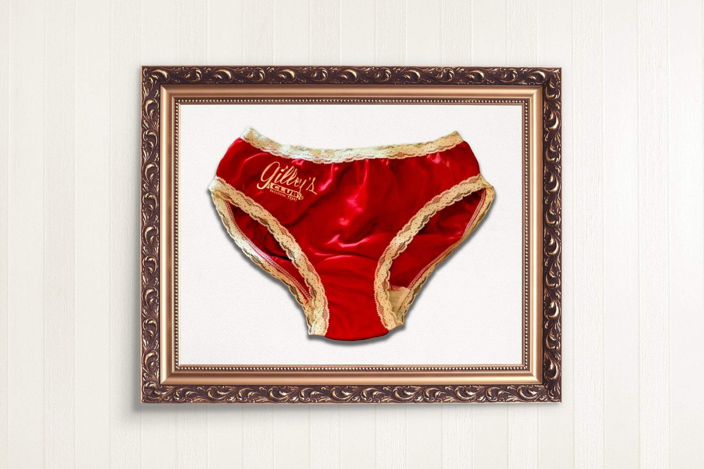Gilley's Urban Cowboy Print  framed of  red satin panties print with beige lace trim and vintage western style design