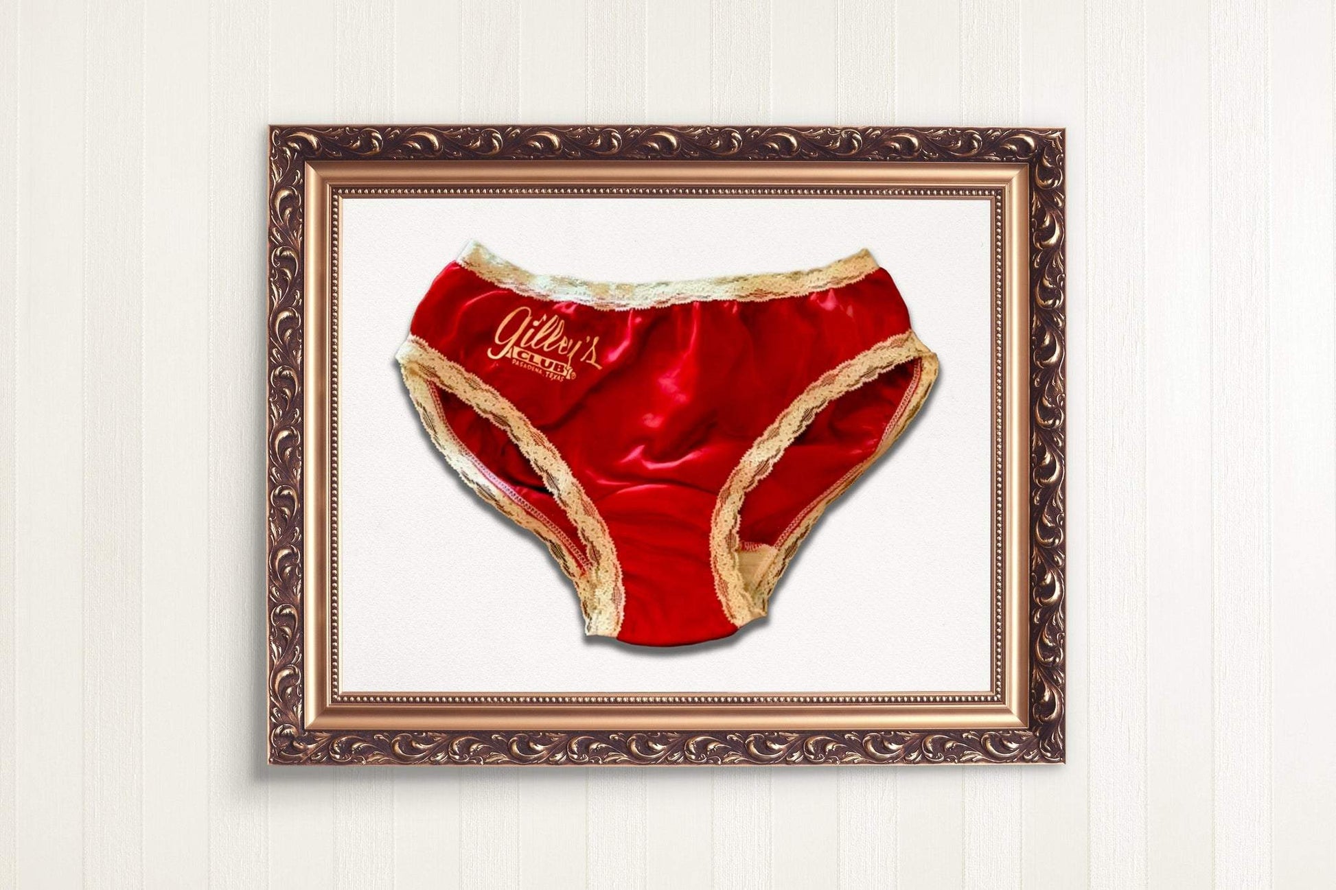Gilley's Urban Cowboy Print  framed of  red satin panties print with beige lace trim and vintage western style design