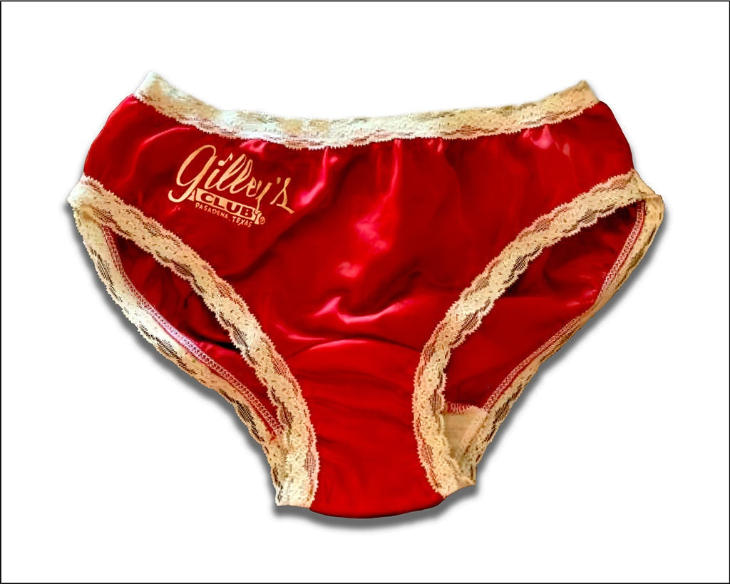 Gilley's Urban Cowboy Print Red satin panties with white lace trim and "Gilley's Club Pasadena Texas" printed on the front