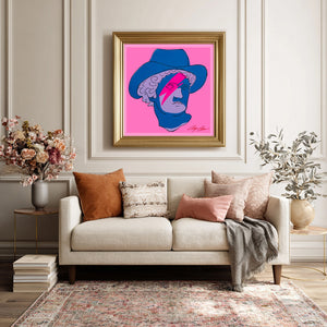 A pop art interpretation of a greco roman statue by artist Caya Crum.  This print is predominately pink and blue with a lightening bolt across his face. It's relevant, fashion forward and fresh. Style in neutral setting this piece is a nice flash of bold color and a great conversation piece for the Mary Beard enthusiast. 