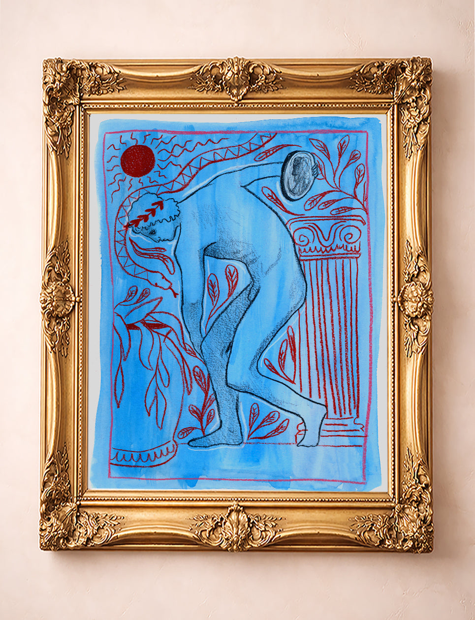 Greco Roman Decor Art Print - Blue Discus Thrower Drawing by Caya Crum