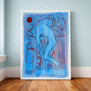Greco Roman Decor Art Print - Blue Discus Thrower Drawing by Caya Crum