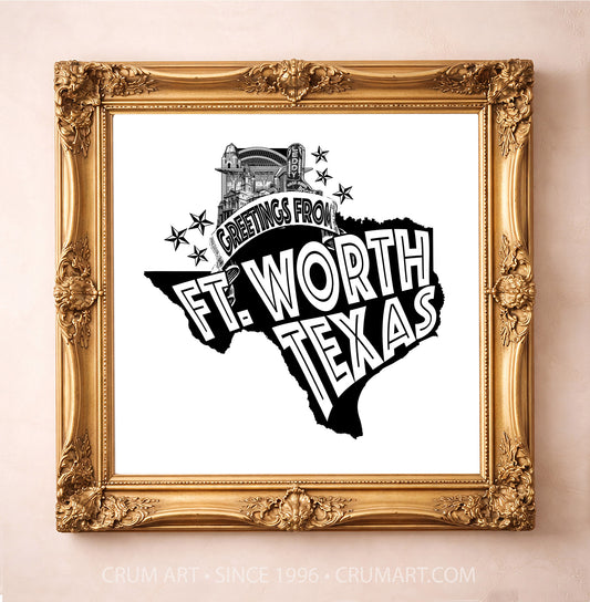 Greetings From Fort Worth — Fort Worth art print by Carl Crum in a square gold frame
