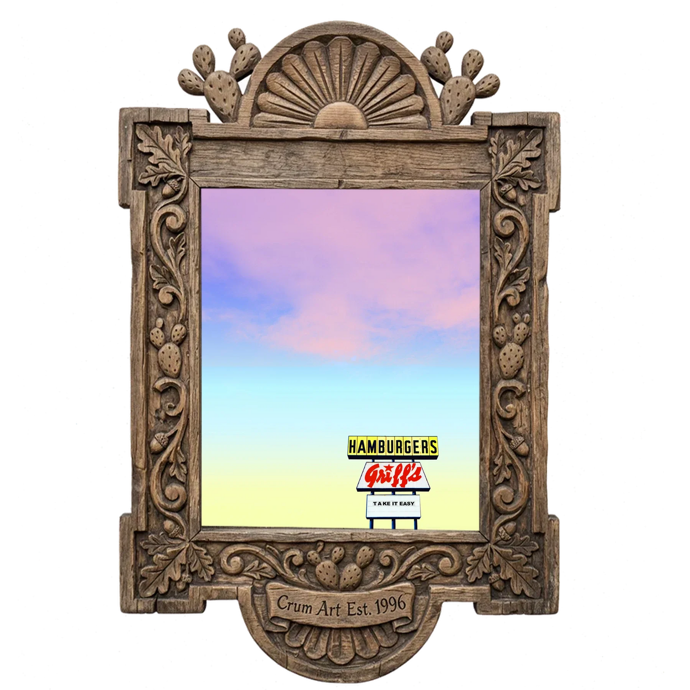 Griff's Hamburgers Sign — art print in a carved wood frame, Crum Art