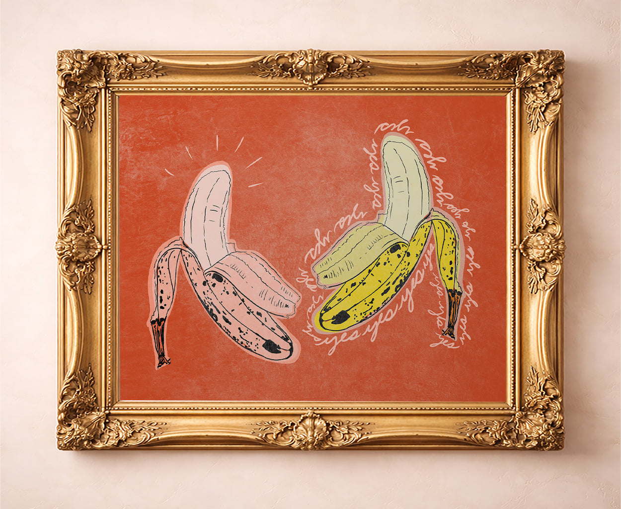Happy Bananas kitchen art print by Betsy Crum in a gold frame