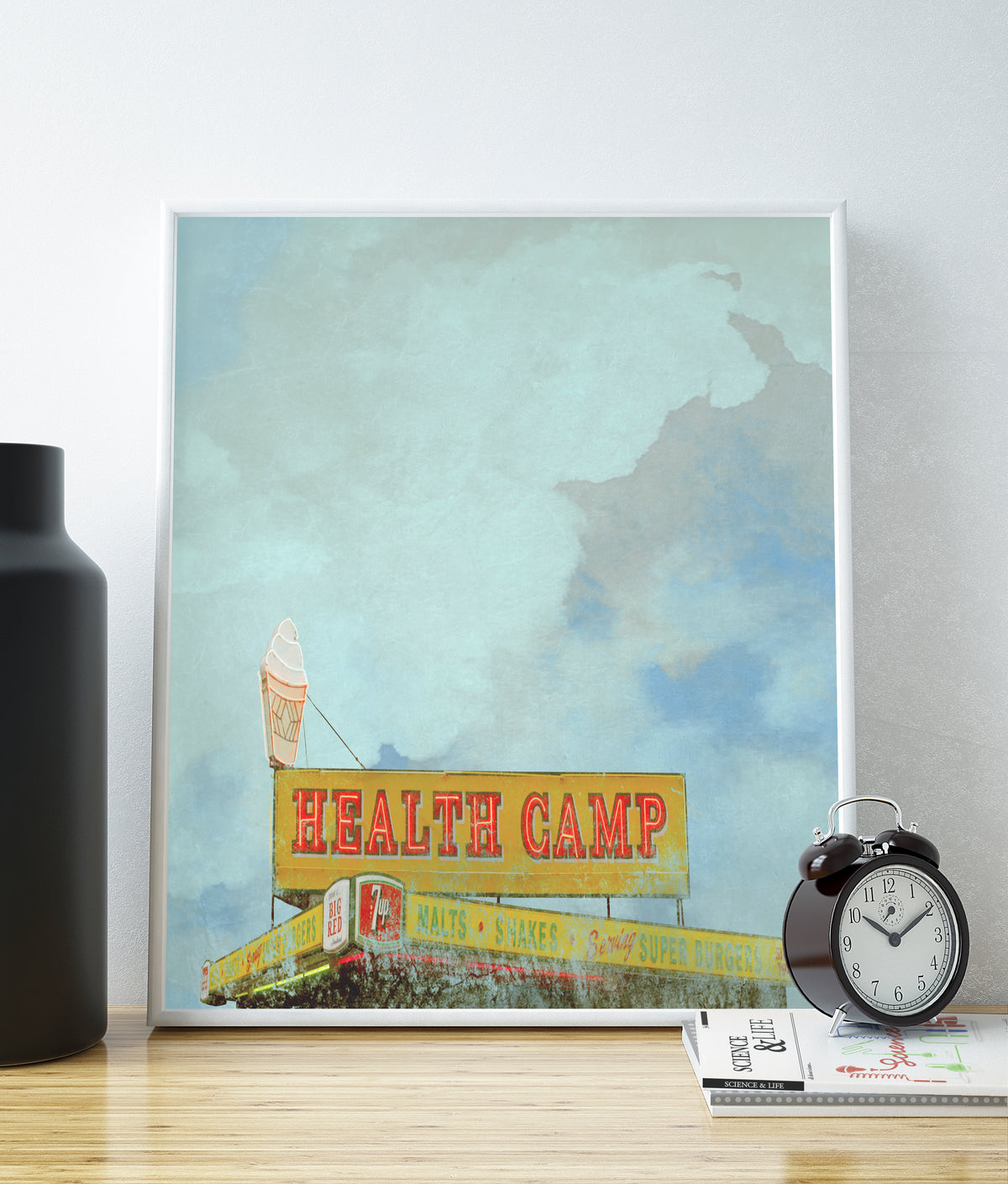Health Camp neon sign art print by Betsy Crum in a frame, Waco Texas landmark art