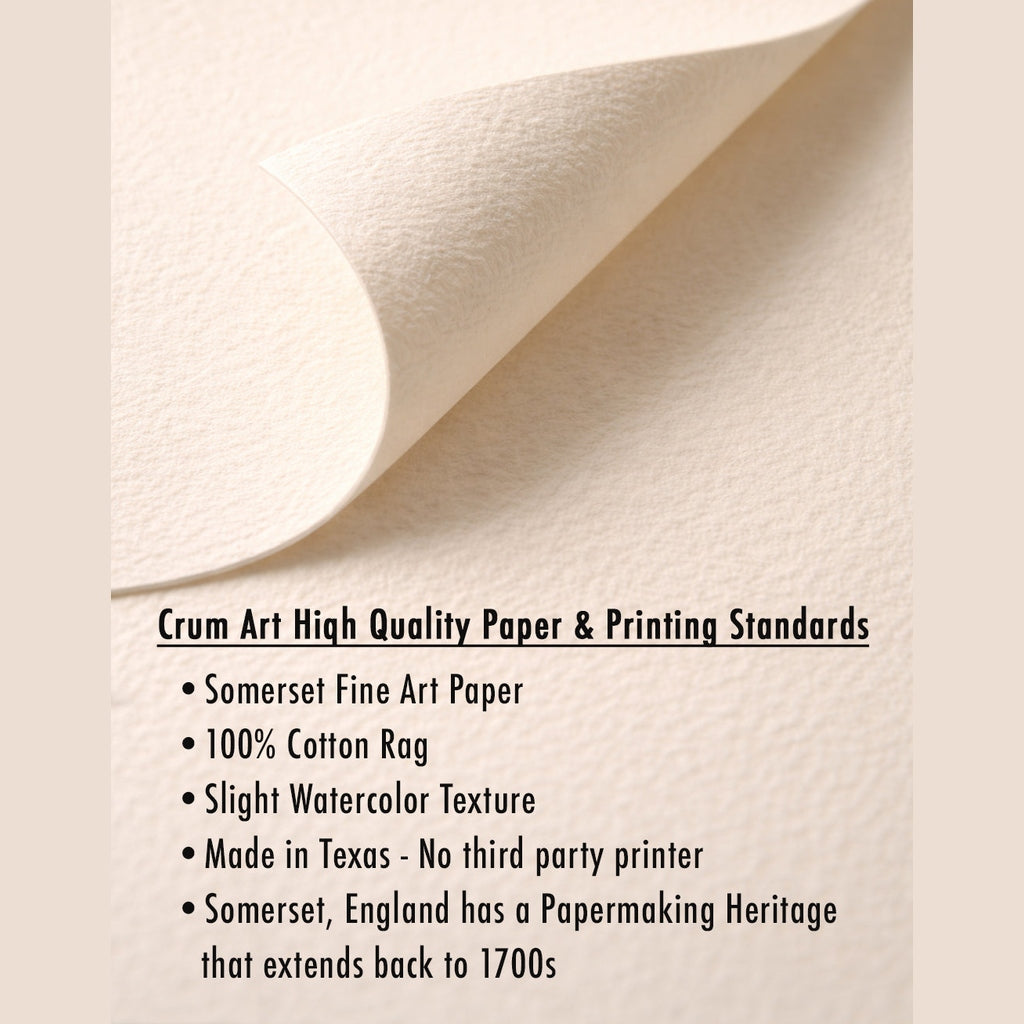 Crum Art only uses the highest quality papers available.  We do our own printing and do not use third party printers -- we have total control.  Our paper is 100% cotton rag, fine art paper with a slight texture.  Customer often comment on the quality of the paper.
