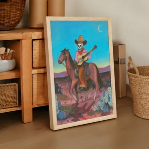 Skeleton Highwayman western art print by Caya Crum — framed vertical room scene