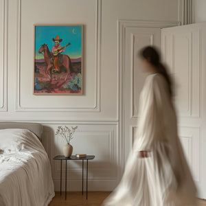 Skeleton Highwayman western art print by Caya Crum — framed vertical room scene