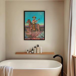Skeleton Highwayman western art print by Caya Crum — framed vertical room scene