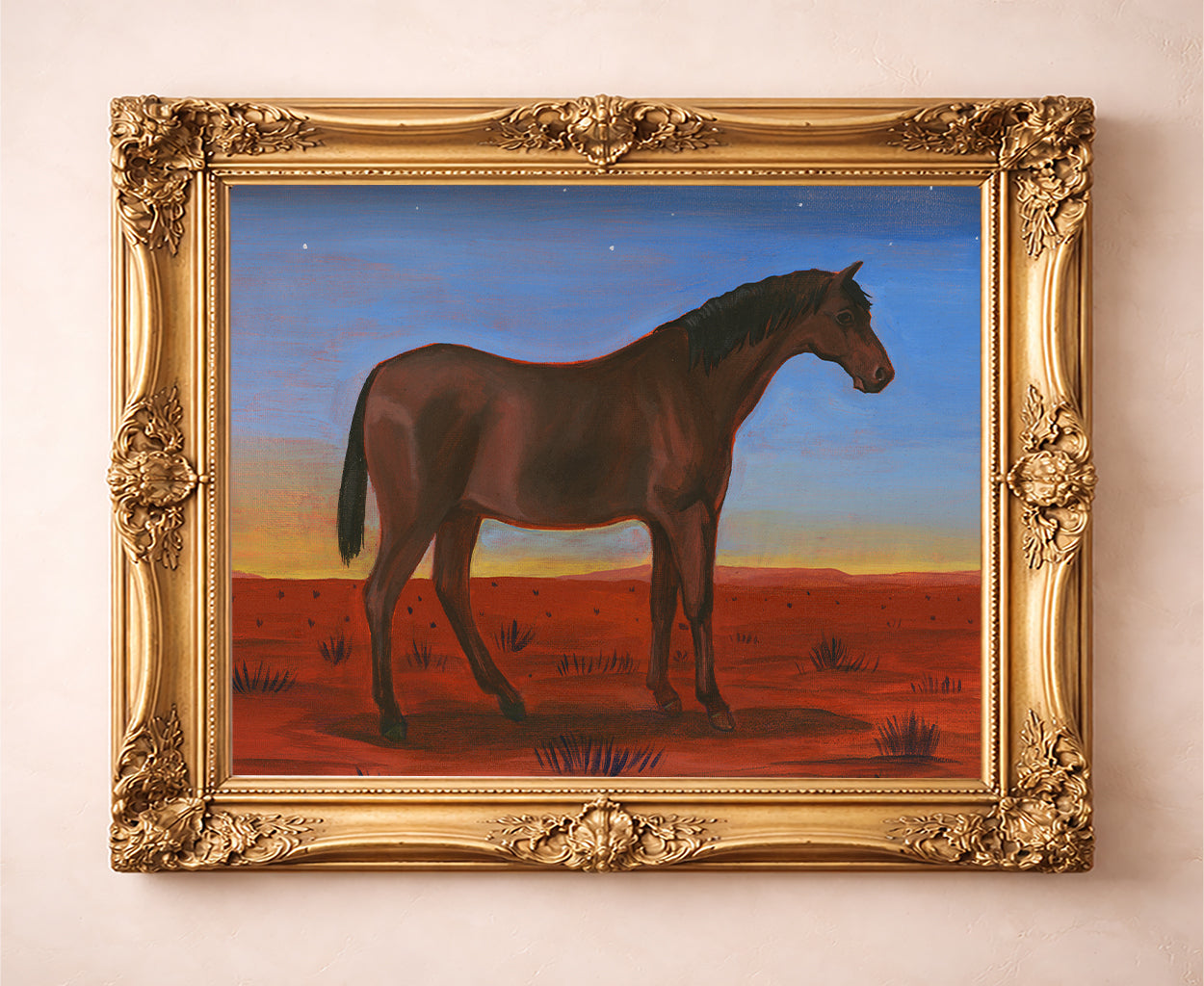 Sunset horse art print by Caya Crum, quarter horse under a sunset sky, western wall art
