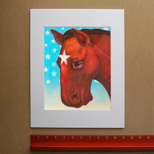 Horse Art Print by Caya Crum.  This is whimsical fine Art print of a horse and it has a star on its head and is surround by stars on a blue background.