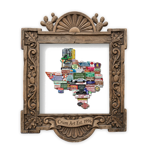 Texas Shaped Landmarks — Houston art print by Betsy Crum in a square carved wood frame