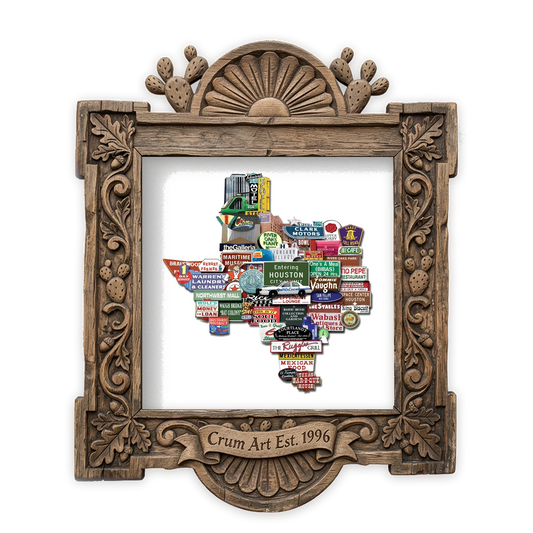 Texas Shaped Landmarks — Houston art print by Betsy Crum in a square carved wood frame
