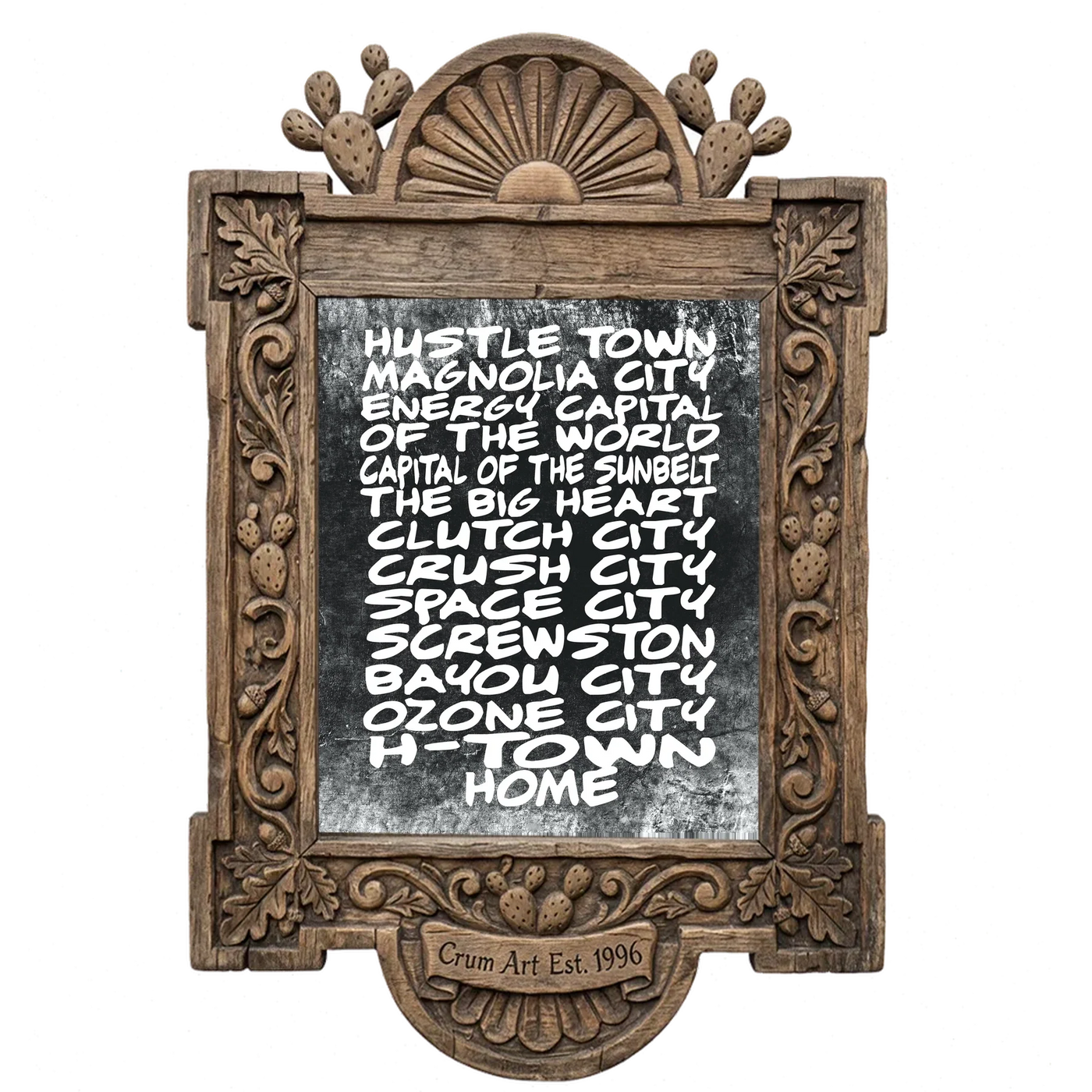Houston Nicknames — Houston art print by Betsy Crum in a carved wood frame