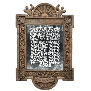 Houston Nicknames — Houston art print by Betsy Crum in a carved wood frame