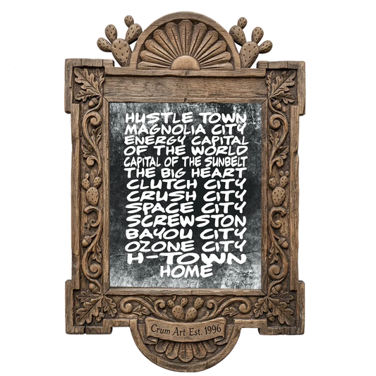 Houston Nicknames — Houston art print by Betsy Crum in a carved wood frame