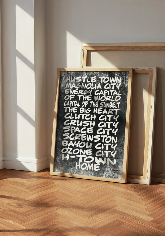 Houston Nicknames Houston art print by Betsy Crum — neutral frame room mockup