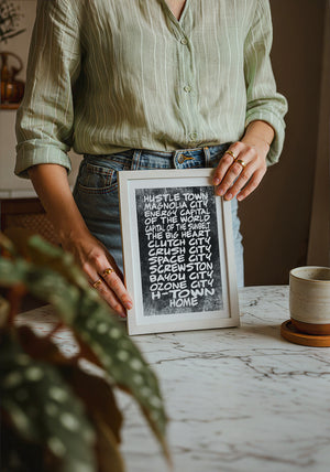 Houston Nicknames Houston art print by Betsy Crum — neutral frame room mockup
